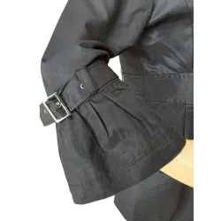 Crossed Short Woman Jacket Black Satin Bell cuff sleeve with pleats, strap, and buckle | JACKETS | BUSCARMODA