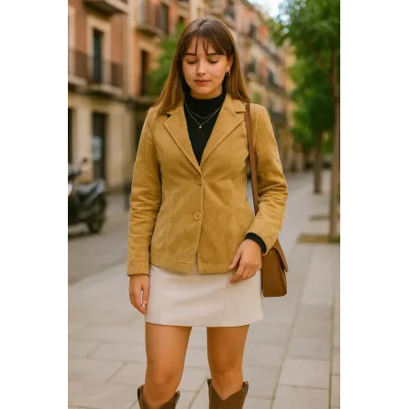 Chaqueta pana beige mujer semientallada de entretiempo en algodón suave con textura acanalada