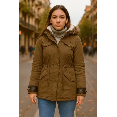 parka caqui mujer invierno con capucha de pelo desmontable y diseño cálido para días fríos