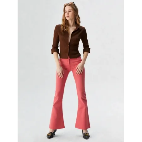 Cotton Flared Orange Trousers in stretch cotton twill with wide hem
