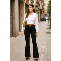 Cotton Satin Flared Trousers for Women cargo waist button black color | TROUSERS | BUSCARMODA