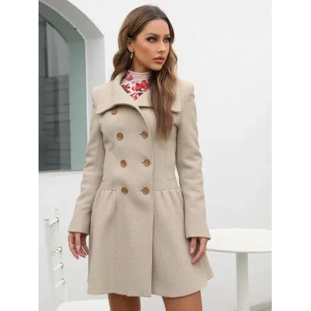 Beige winter coat women short wool coat with crossover front and structured lapels for elegant everyday looks