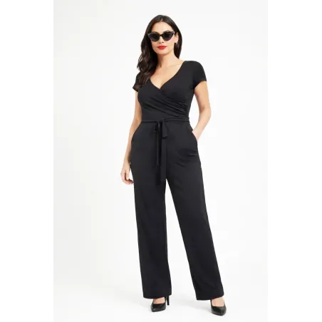 Black long jumpsuit women with crossover neckline, lateral ruching and elastic waist for a stylish and comfortable look
