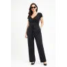 Black long jumpsuit women with crossover neckline, lateral ruching and elastic waist for a stylish and comfortable look