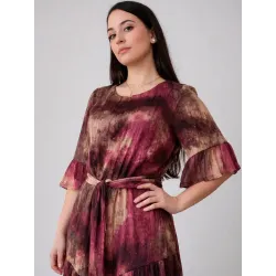 Vestido bambula tonos tierra con volantes vista frontal | Vestidos midi | Buscarmoda