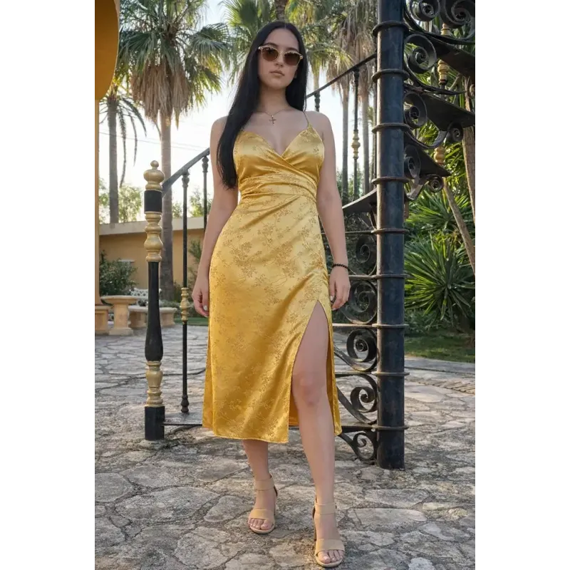 Gold satin midi dress elegant party woman with wrap neckline thin straps and side slit evening style