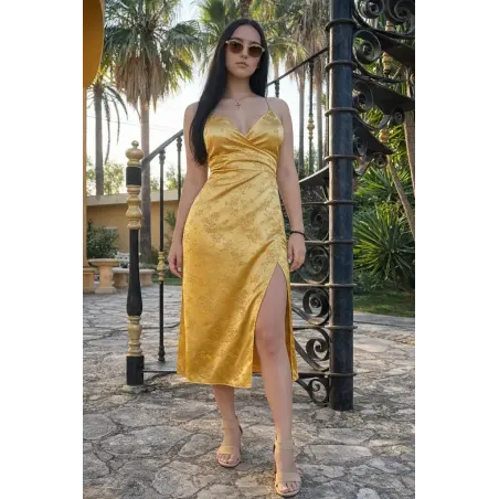 Gold satin midi dress elegant party woman with wrap neckline thin straps and side slit evening style
