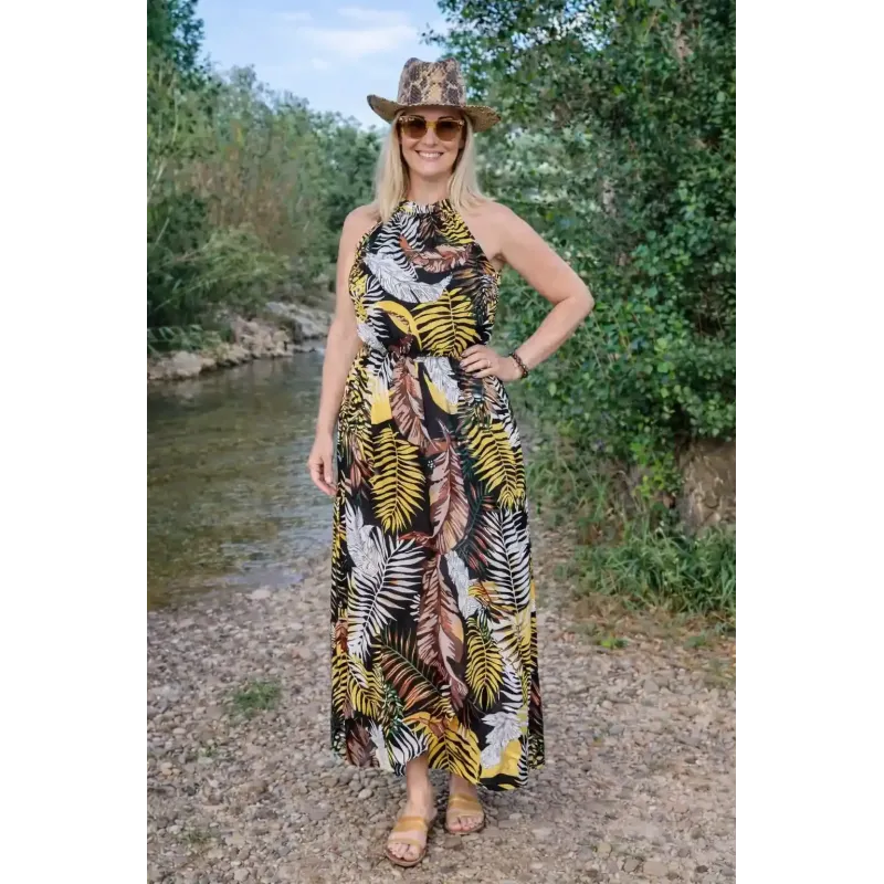 Long tropical leaf dress with halter neck and open back for summer