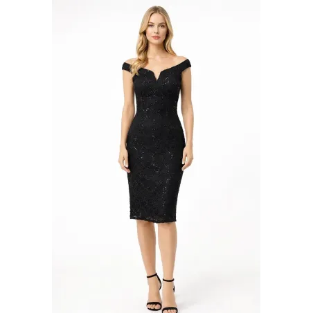 Vestido Encaje Floral Fiesta negro encaje floral con lentejuelas escote corazón ajuste entallado