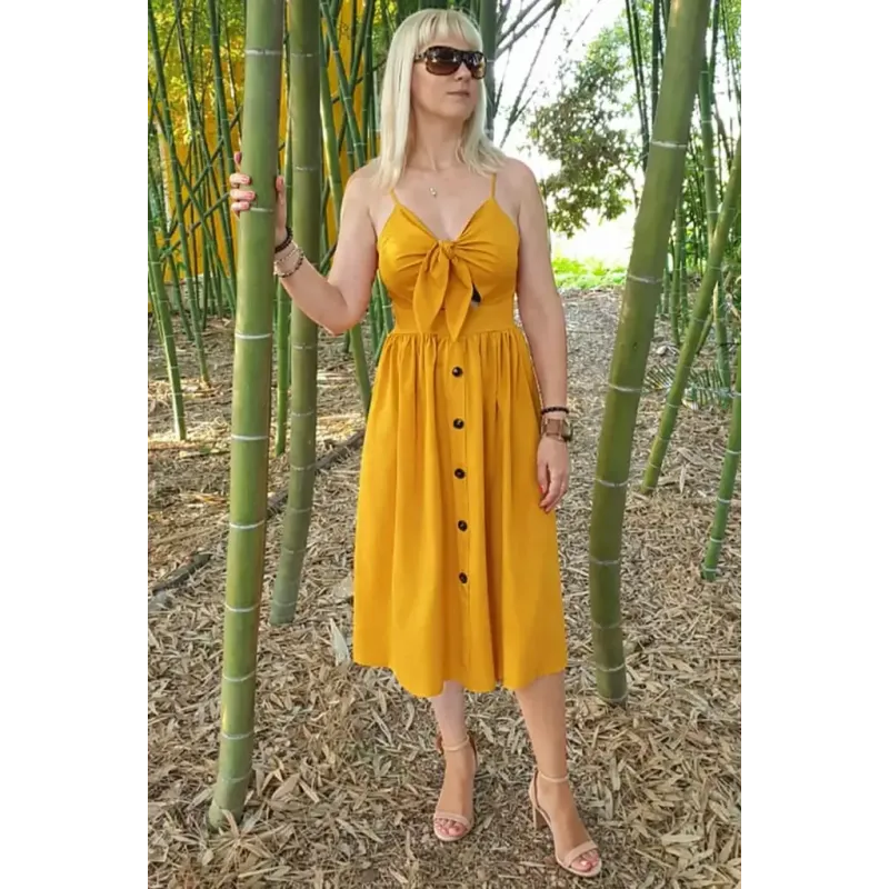 Mustard midi dress women with adjustable thin straps and front knot lightweight summer style