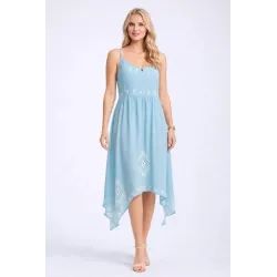 Blue boho embroidered dress midi summer woman with thin straps lined fabric and asymmetrical hem detail