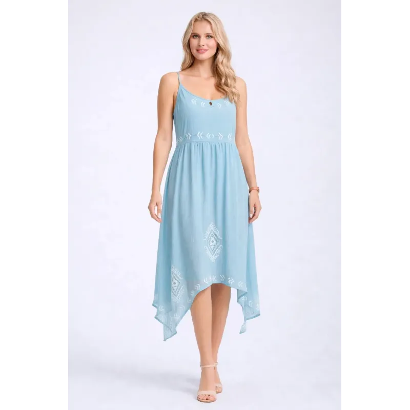 Vestido azul boho bordado midi verano mujer con tirantes finos bajo asimétrico tejido ligero forrado estilo boho chic