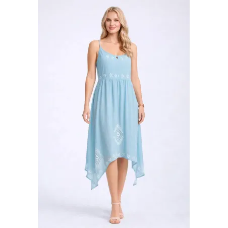 Vestido azul boho bordado midi verano mujer con tirantes finos bajo asimétrico tejido ligero forrado estilo boho chic