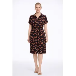Shirt dress short women black printed with button front tie belt and short sleeves flowy fit