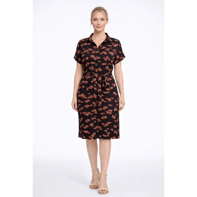 Shirt dress short women black printed with button front tie belt and short sleeves flowy fit