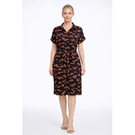 Shirt dress short women black printed with button front tie belt and short sleeves flowy fit