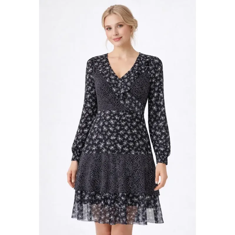 Vestido corto fluido mujer negro estampado floral y lunares con manga larga y volante en escote