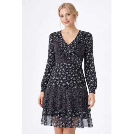 Vestido corto fluido mujer negro estampado floral y lunares con manga larga y volante en escote