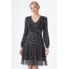 Short flowy dress women black floral and polka dot print with long sleeves and ruffle v neck detail