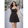 Floral mini dress women black floral print with thin straps ruched bust and flowy skirt