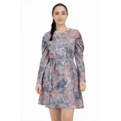 Puff sleeve women dress short vintage print with long sleeves adjustable belt and flowy skater skirt