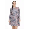 Vestido manga abullonada mujer corto estampado vintage con cinturón y falda evasé fluida