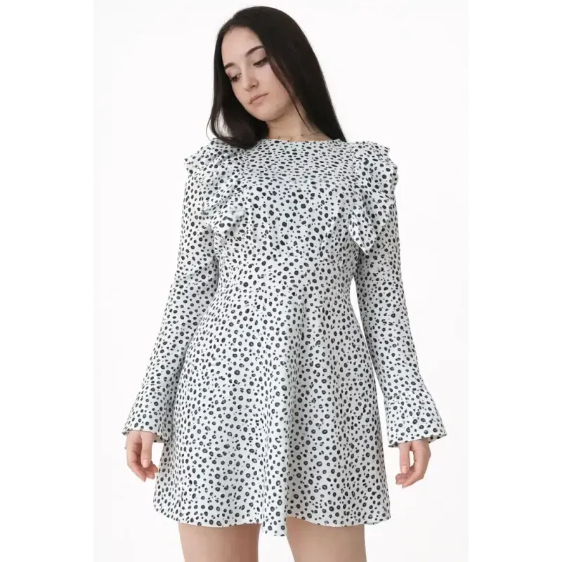 Short animal print dress elegant with ruched waist, Liverpool elastic fabric and long sleeves
