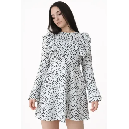 Short animal print dress elegant with ruched waist, Liverpool elastic fabric and long sleeves