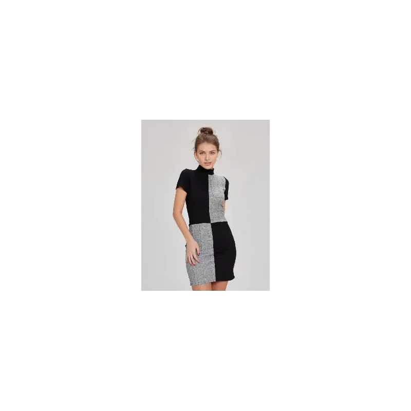 Black colour block dress short fitted high neck stretch fabric women