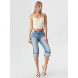 Pantalón capri vaquero mujer azul elástico vista frontal | Pantalones mujer | Buscarmoda