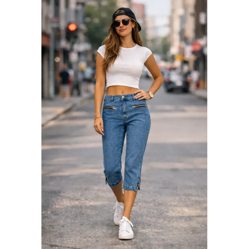 blue cropped denim trousers high waist women elastic denim casual summer style