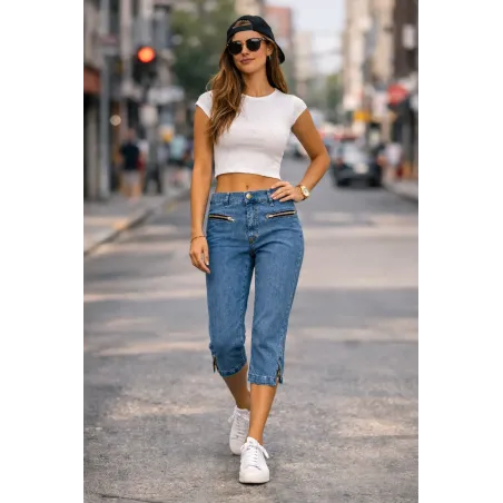 blue cropped denim trousers high waist women elastic denim casual summer style