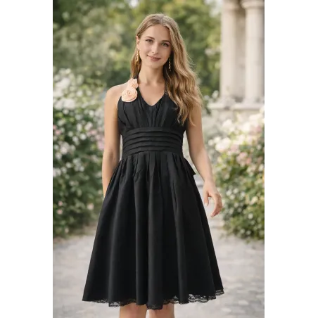 vestido negro fiesta halter plisado elegante mujer