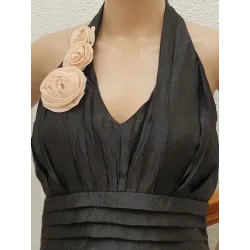 Vestido negro fiesta halter flores gasa detalle escote cuello | Vestidos fiesta mujer | Buscarmoda