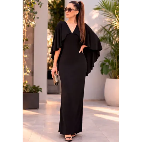 Black long cape dress with V-neckline and elegant flowing cape sleeves for formal events