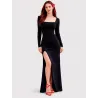 Vestido Negro Gala Largo con abertura y diseño drapeado elegante en tejido elástico negro para eventos especiales