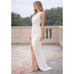 Elegant long white dress for women side view | Civil Wedding Guest Dresses | BUSCARMODA