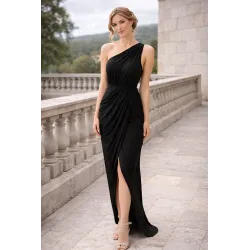 Black asymmetrical Greek dress with one-shoulder drape and elegant fit
