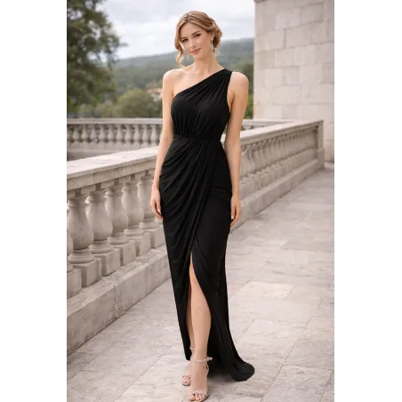 Vestido negro asimétrico griego elegante y drapeado con un solo hombro