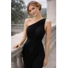 Vestido negro asimétrico griego delantero drapeado con abertura | VESTIDOS INVITADA BODA CIVIL | BUSCARMODA