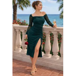 Green emerald midi dress asymmetric with chiffon sleeve and side slit