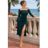 Green emerald midi dress asymmetric with chiffon sleeve and side slit