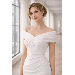 Vestido Largo Ceremonia Blanco Palabra de Honor con Cola cuerpo drapeado | VESTIDOS INVITADA BODA CIVIL | BUSCARMODA