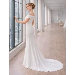 Vestido Largo Ceremonia Blanco Palabra de Honor con Cola vista lateral | VESTIDOS INVITADA BODA CIVIL | BUSCARMODA