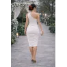 White Greek Asymmetric Draped Midi Dress back right shoulder exposed | Civil Wedding Guest Dresses | BUSCARMODA