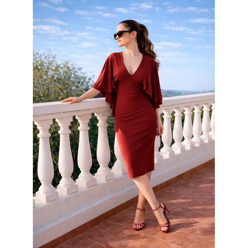 Vestido midi granate capa fluida y escote en V