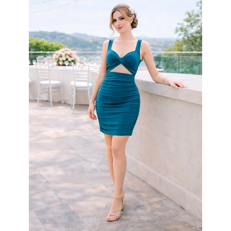 Green bikini neckline dress with draped skirt and open back