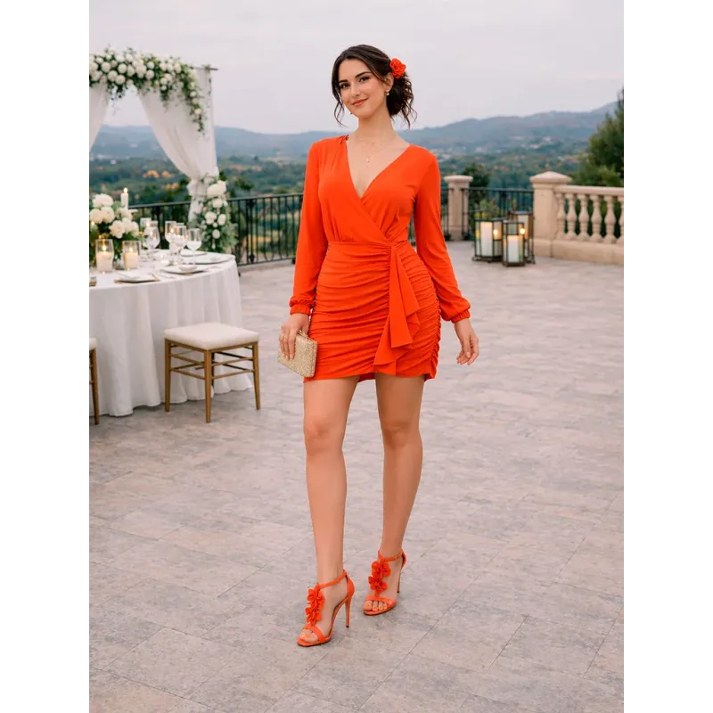 draped short elegant dress with crossover neckline and fitted design for women