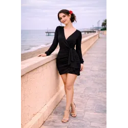 Vestido corto drapeado elegante vista frontal negro | Vestidos cortos | Buscarmoda