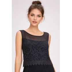 Vestido corto encaje elegante con falda de gasa vista de frente | Vestidos cortos | Buscarmoda